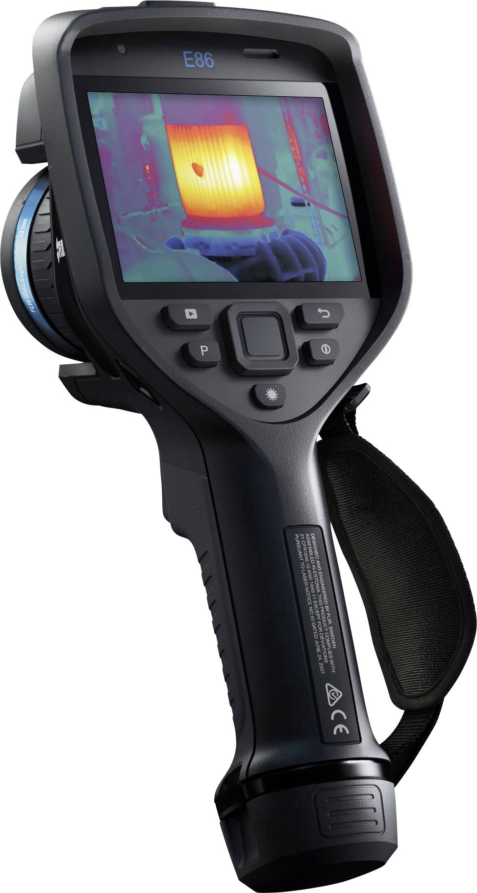 A handheld thermal imaging camera displaying a heat map on its screen, showing a brightly colored area indicating higher temperature.