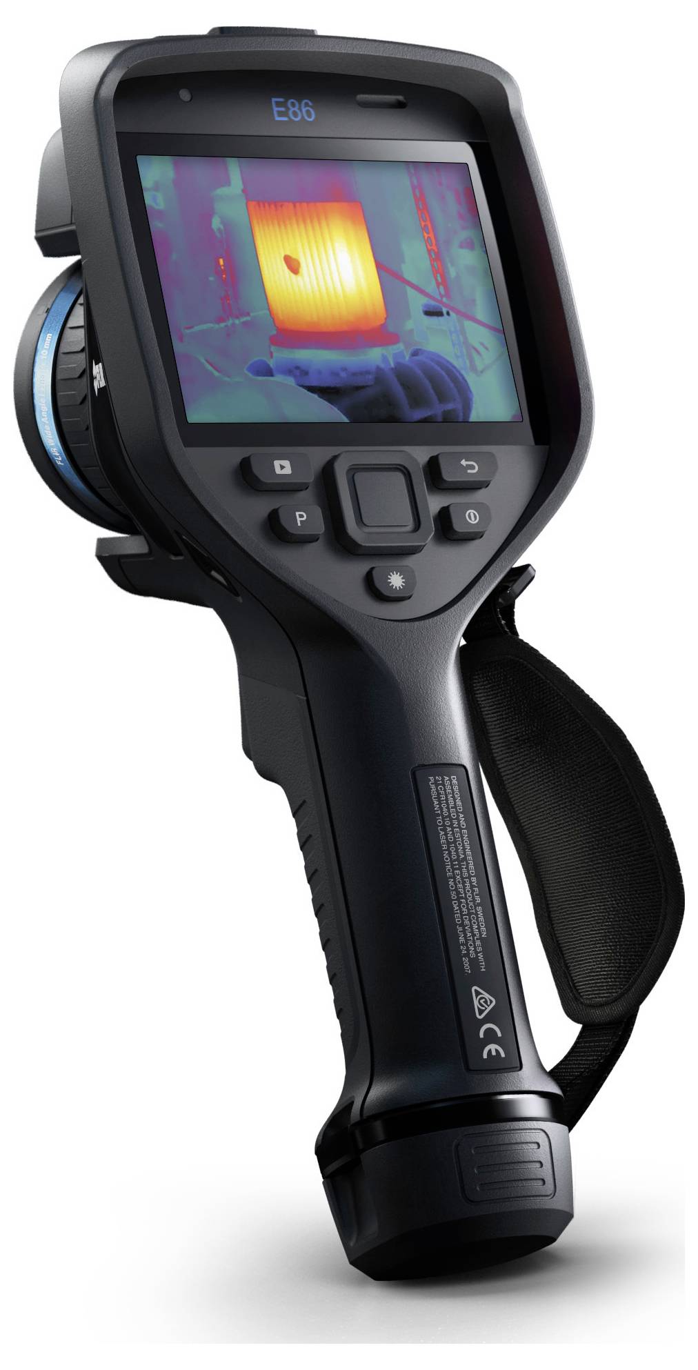 A handheld thermal imaging camera showing a heat map on its display.