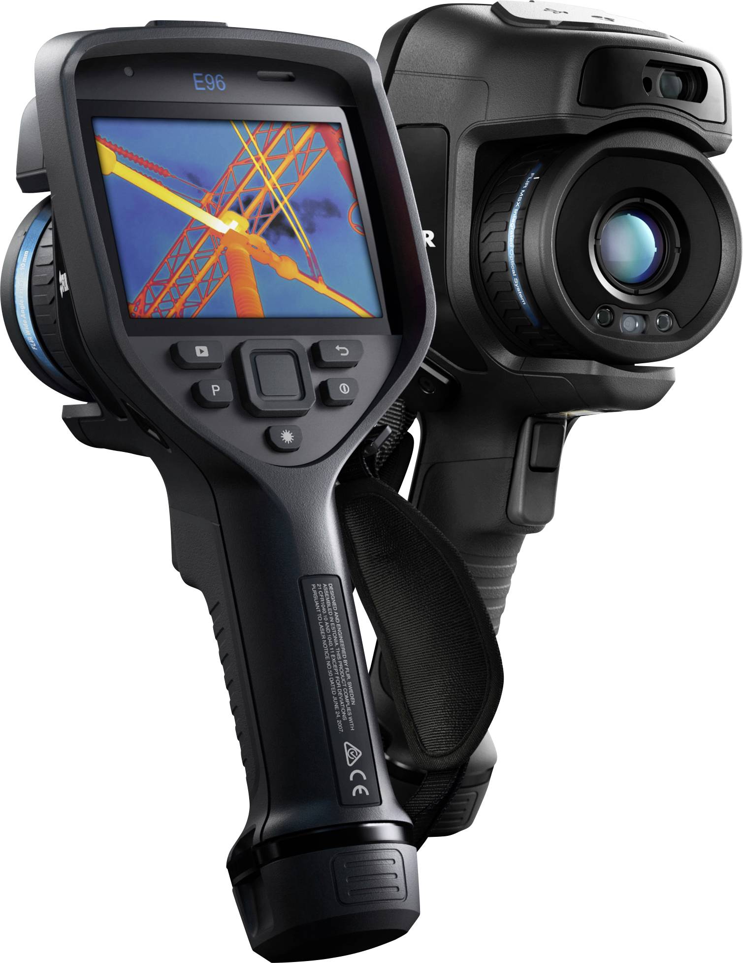Two handheld infrared cameras, one showing a thermal image of a crane on its screen.