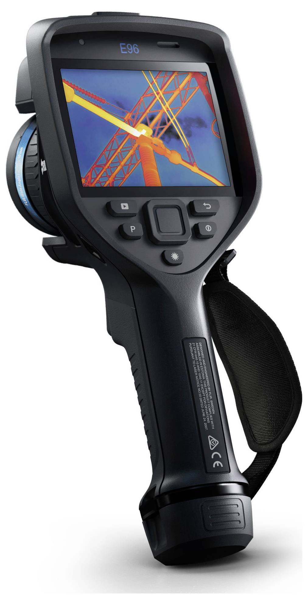 A black handheld thermal imaging camera with a colorful display of a crane structure in warm and cool tones, showing temperature variations.