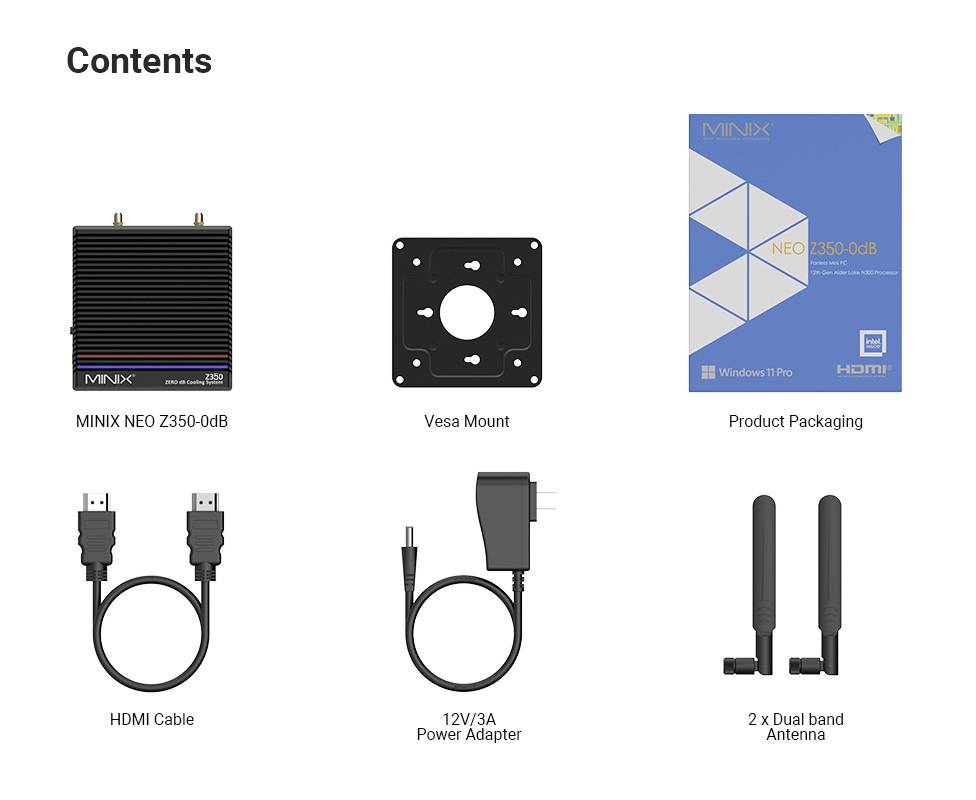 Contents: MINIX NEO Z350-0dB device, Vesa mount, box, HDMI cable, 12V/3A power adapter, and two dual-band antennas.