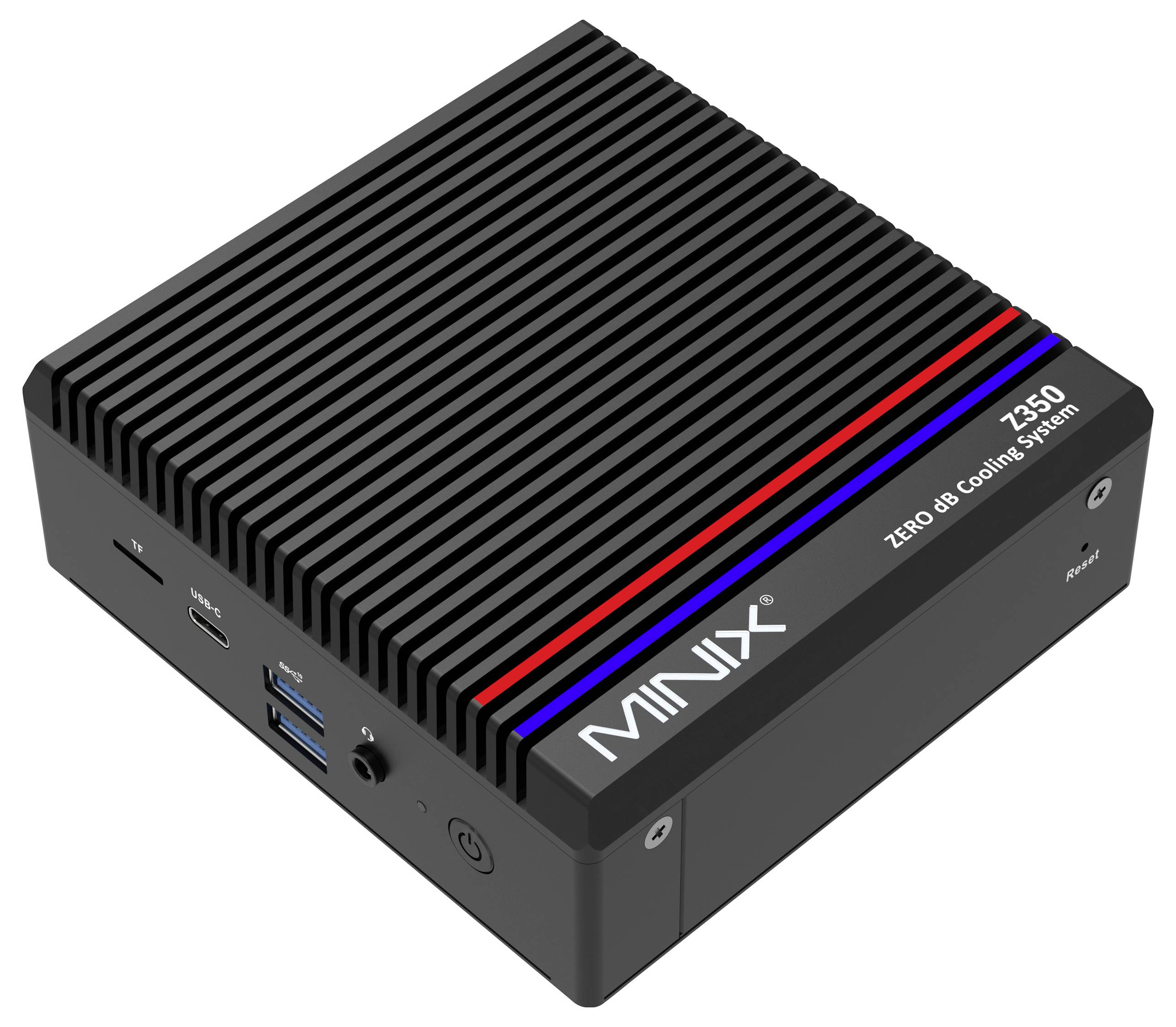 A compact black MINIX mini PC with multiple ports, including USB and HDMI, shown from an angle highlighting its ribbed cooling design.