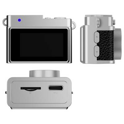 Silver digital camera shown from three angles: back view with screen, side view with buttons, and bottom view displaying ports.