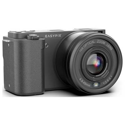 A black digital camera labeled 'EASYPIX' with a large lens featuring '10x Optical Zoom Lens 4.9-49mm 1:2.8-3.1', on a white background.