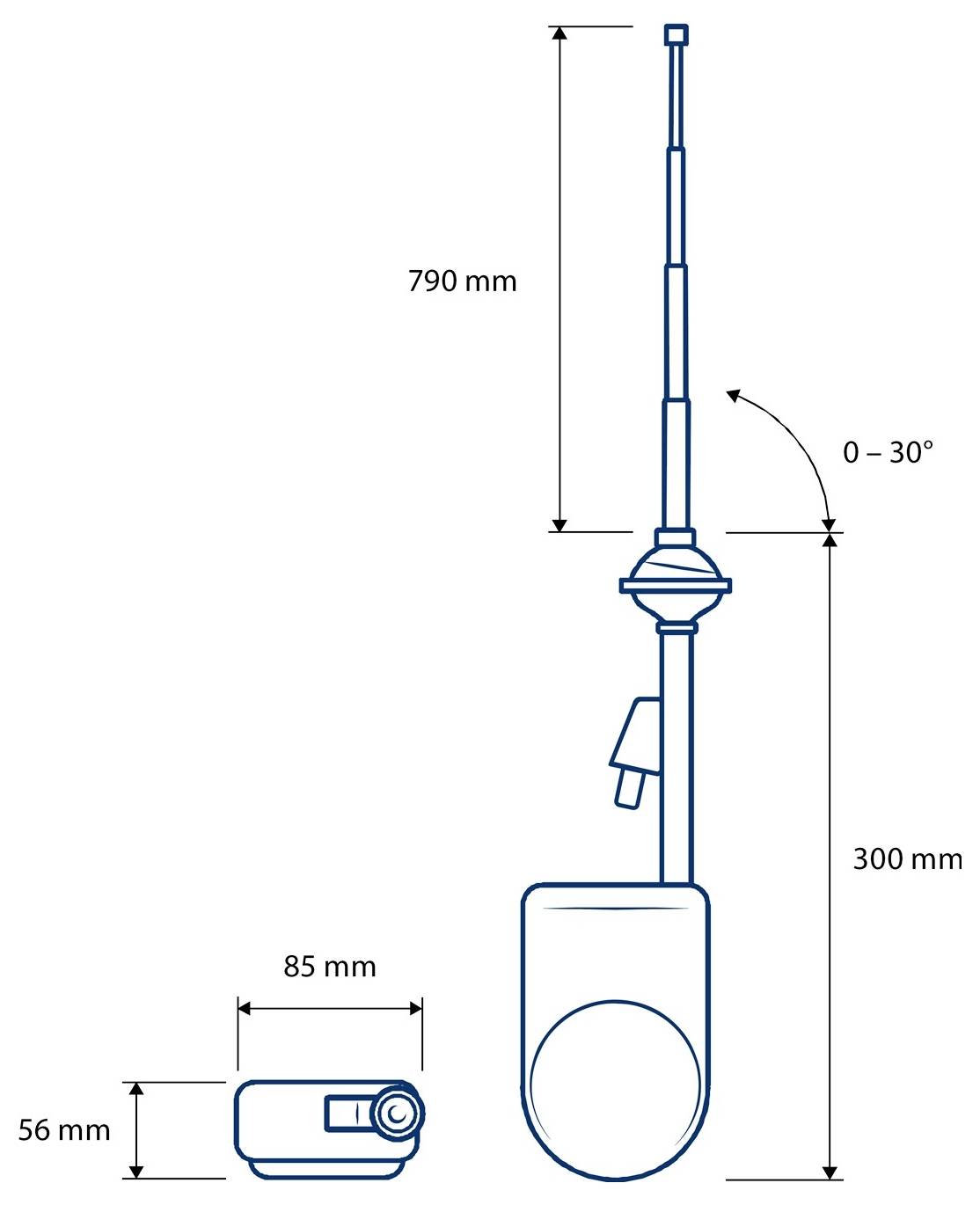 Diagram of a microphone with measurements: height 790 mm, adjustable angle 0-30°, base 56 mm high and 85 mm wide, stand 300 mm tall.