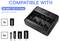 Battery charger for Ni-MH/1.5V Li-ion batteries. Compatible with AA, AAA, C, D, 9V; can charge four AA or one 9V simultaneously.