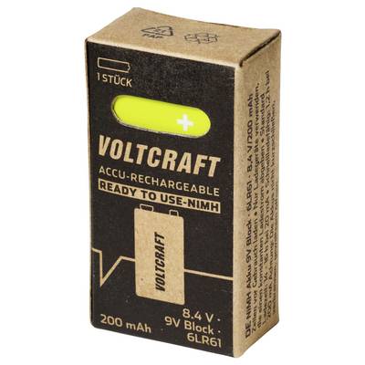 Product box for a Voltcraft rechargeable 9V NiMH battery, labeled 8.4 V, 200 mAh, and 'ready to use'.