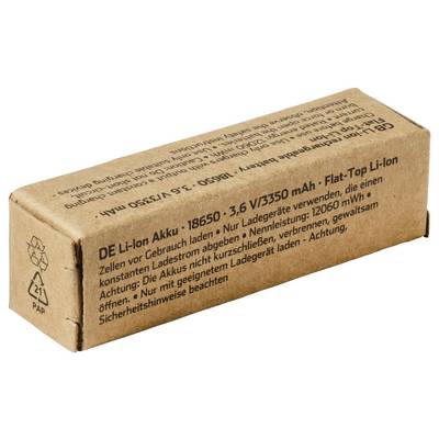 Brown cardboard box labeled in German for a DE Li-Ion battery: 18650, 3.6V/3350mAh Flat-Top Li-Ion rechargeable cell.