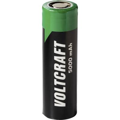 Green-and-black Voltcraft 5000 mAh battery cell shown upright on a white background.