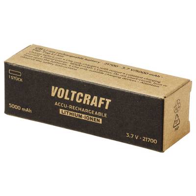 Voltcraft rechargeable lithium-ion battery pack box, labeled 5000 mAh, 3.7 V, 21700, 16-pack.