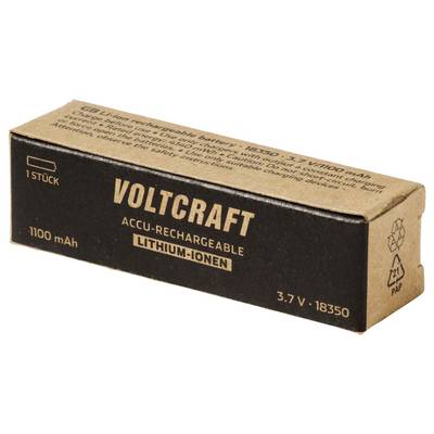 Voltcraft accurechargeable lithium-ion battery box labeled 3.7 V, 1100 mAh, and 18350.<br>