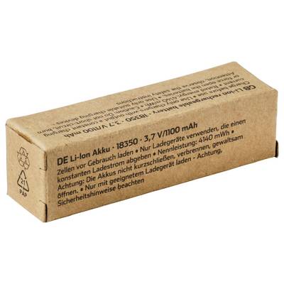 Cardboard box labeled DE Li-ion Akku 18350, 3.7 V/100 mAh, with German safety and charging instructions for rechargeable battery storage.