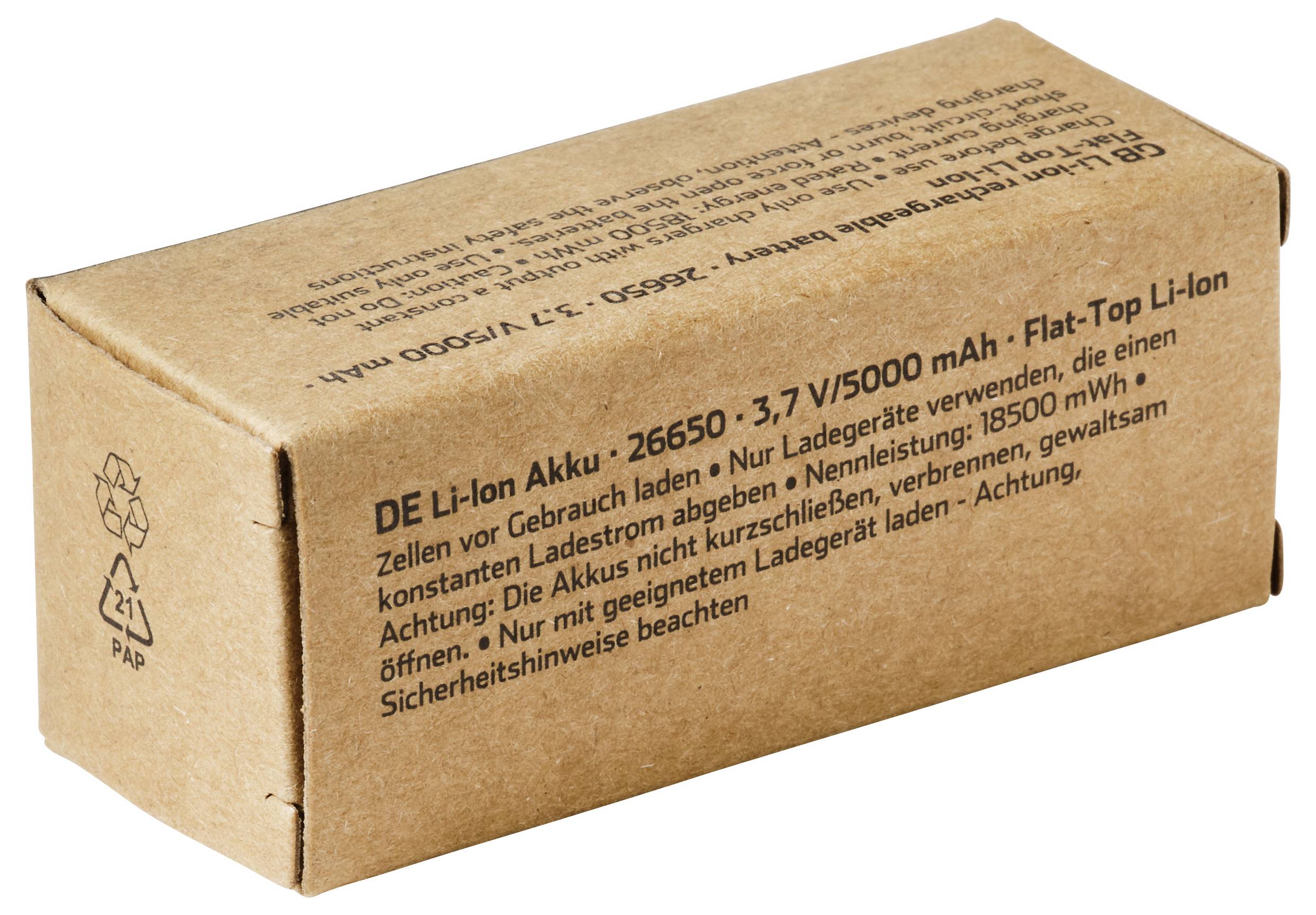 Brown cardboard box labeled 'DE Li-Ion Akku - 26650 - 3.7 V/5000 mAh - Flat-Top Li-Ion', a packaged rechargeable battery.