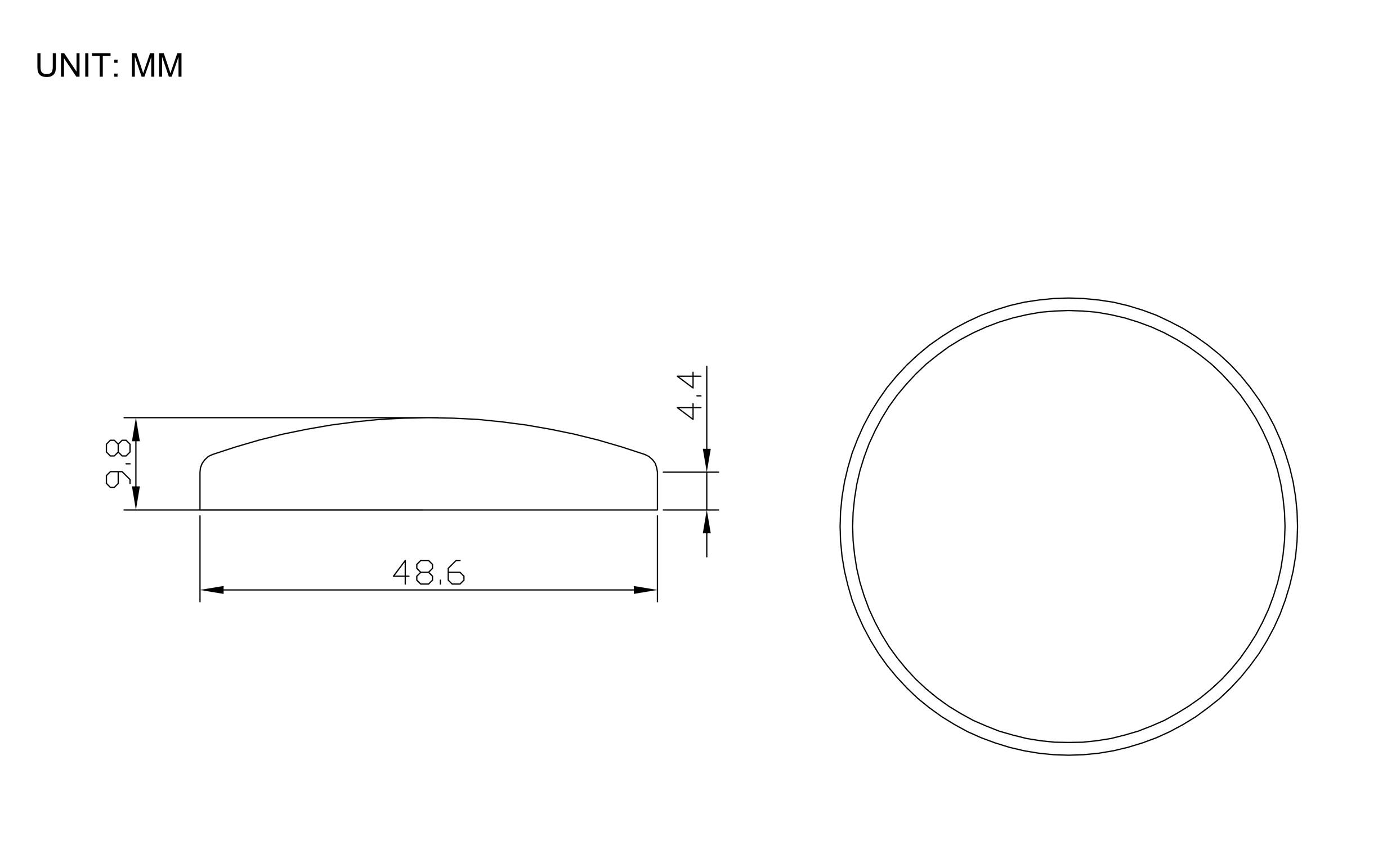 'UNIT: MM' Technical drawing shows a side and top view of a circular object. Side view dimensions: 48.6 mm length, 9.8 mm height, 4.4 mm thickness.