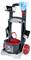 A cleaning cart with a red and gray bucket, brushes, a blue mop, and wheels. Designed for easy transport and organization of cleaning tools.