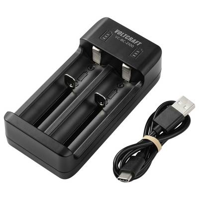 A black dual-slot battery charger with 'VOLTCRAFT VC-BC100' text, accompanied by a USB-C cable.