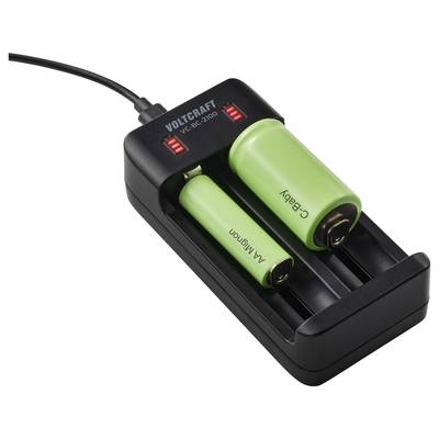 A black battery charger with an AA and a C size green battery inserted, showing red charge indicators on the display.