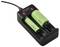 A black battery charger with an AA and a C size green battery inserted, showing red charge indicators on the display.
