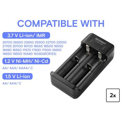 Battery charger labeled 'COMPATIBLE WITH' 3.7V Li-ion/IMR, 1.2V Ni-MH/Ni-Cd, 1.5V Li-ion batteries. Image shows two charging slots with models listed.