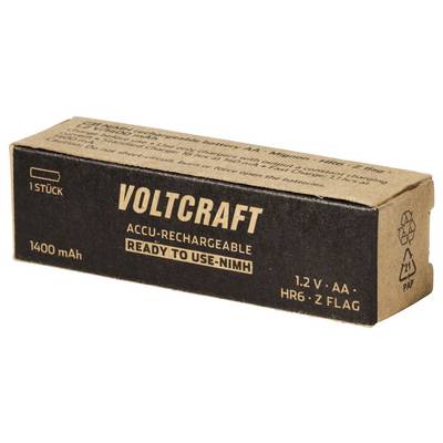 VOLTCRAFT rechargeable NiMH AA battery pack box labeled 'READY TO USE', 1400 mAh, 1.2 V, 1 piece<br>