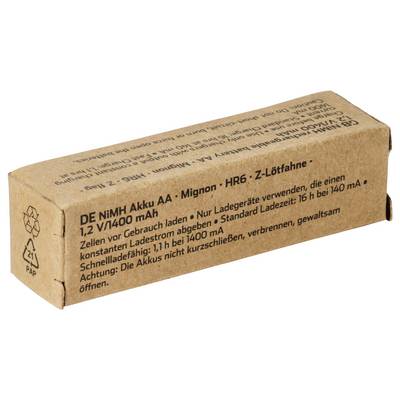 Cardboard battery pack labeled 'DE NiMH Akku AA - Mignon - HR6 - Z-Lötfahne' and '1,2 V/400 mAh' with German warning text.