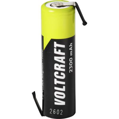 Yellow and black Volcraft 2602 AA battery labeled '2300 mAh' with bent metal tabs attached at top and bottom.