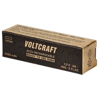 Box of Voltcraft rechargeable NiMH AA battery, labeled 'READY TO USE-NiMH', 1.2 V, 2300 mAh, single pack.