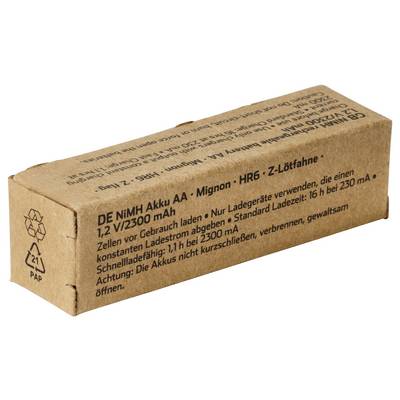 Cardboard box of rechargeable AA batteries labeled 'DE NiMH Akku AA · Mignon · HR6 · Z-Lötfahne', 1.2V 2300mAh, with German handling instructions.
