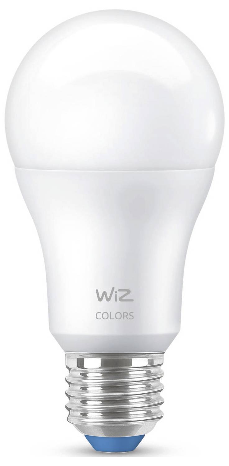 Smart LED light bulb, labeled 'WiZ COLORS,' featuring a standard bulb shape with a white finish and a silver base with a blue tip.