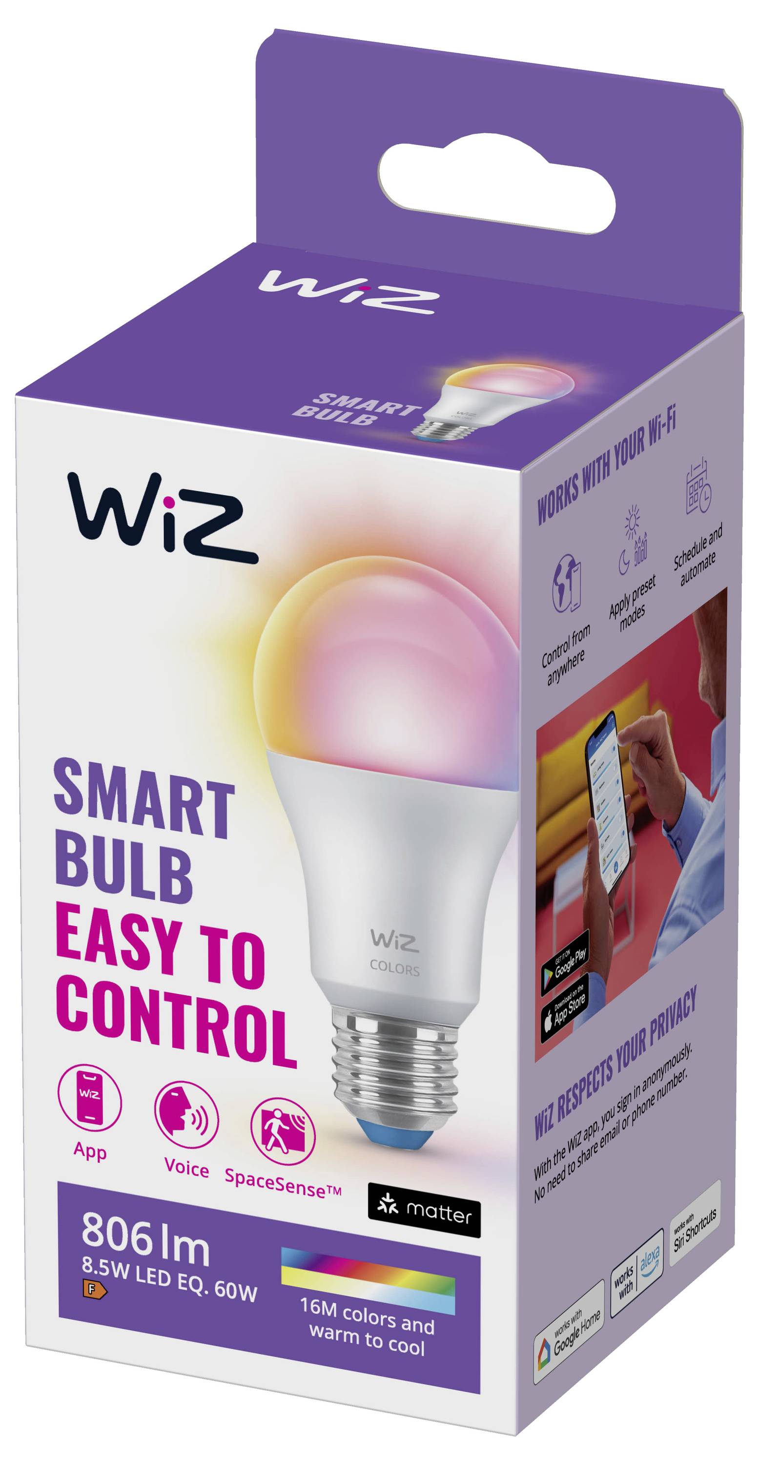 'WiZ Smart Bulb packaging featuring a multicolor LED bulb. Text highlights easy control via app, voice, or smart assistance, with 16M colors.'