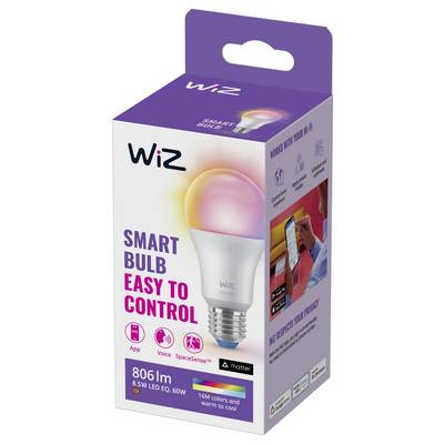 'WiZ Smart Bulb packaging featuring a multicolor LED bulb. Text highlights easy control via app, voice, or smart assistance, with 16M colors.'