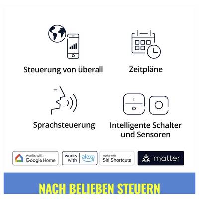 'Steuerung von überall, Zeitpläne, Sprachsteuerung, Intelligente Schalter und Sensoren' with icons; features smart home device compatibility.