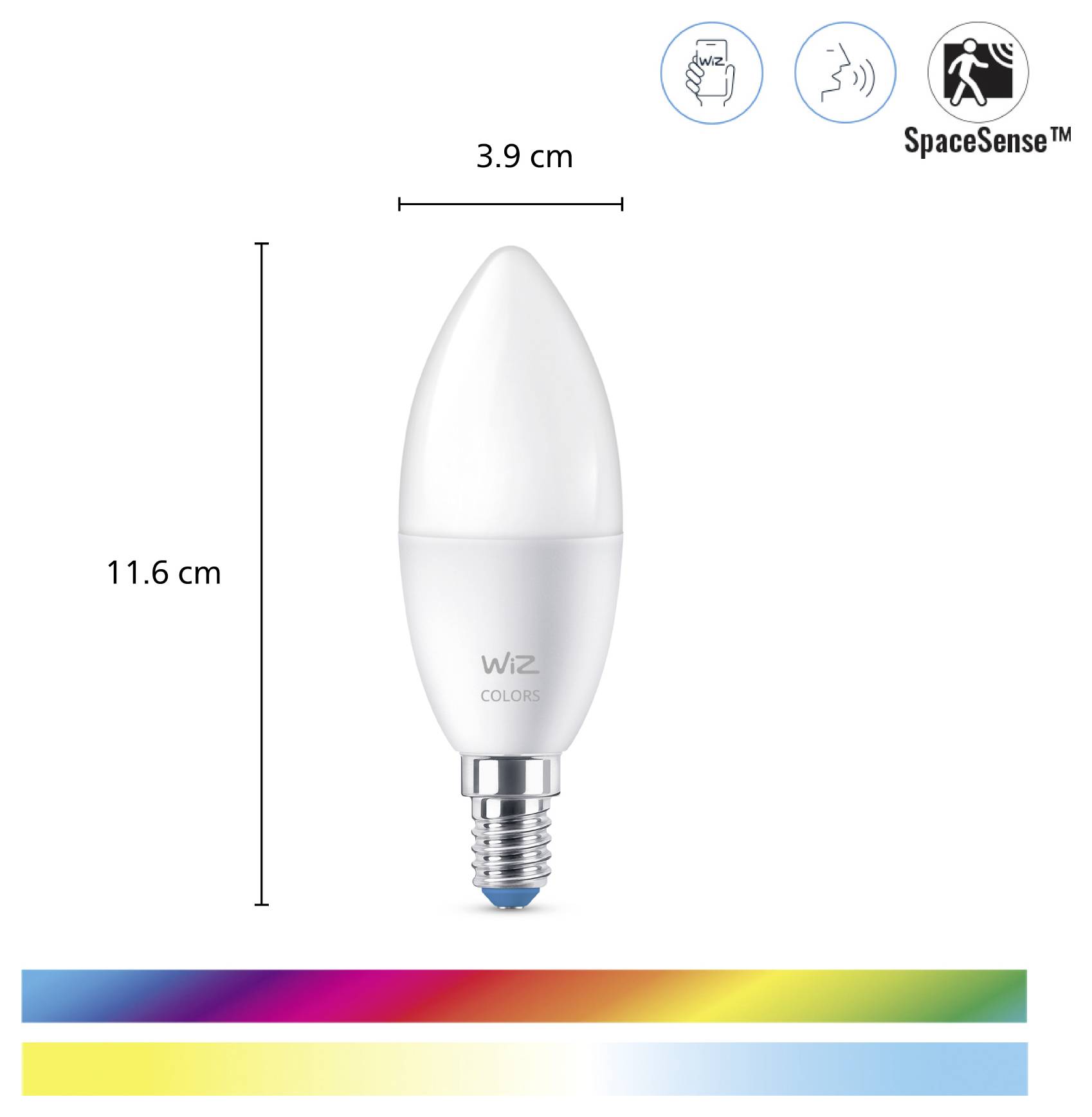 A smart WiZ Colors bulb, 11.6 cm tall and 3.9 cm wide, offers multicolor lighting. Features icons suggest touch and motion sensor capabilities.