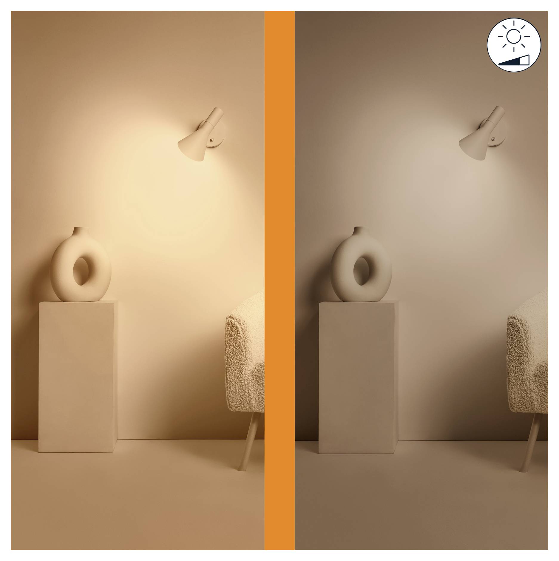 Two images comparing lighting tones: the left shows a warm, yellow light; the right shows a cool, neutral light. Both have the same room setup.