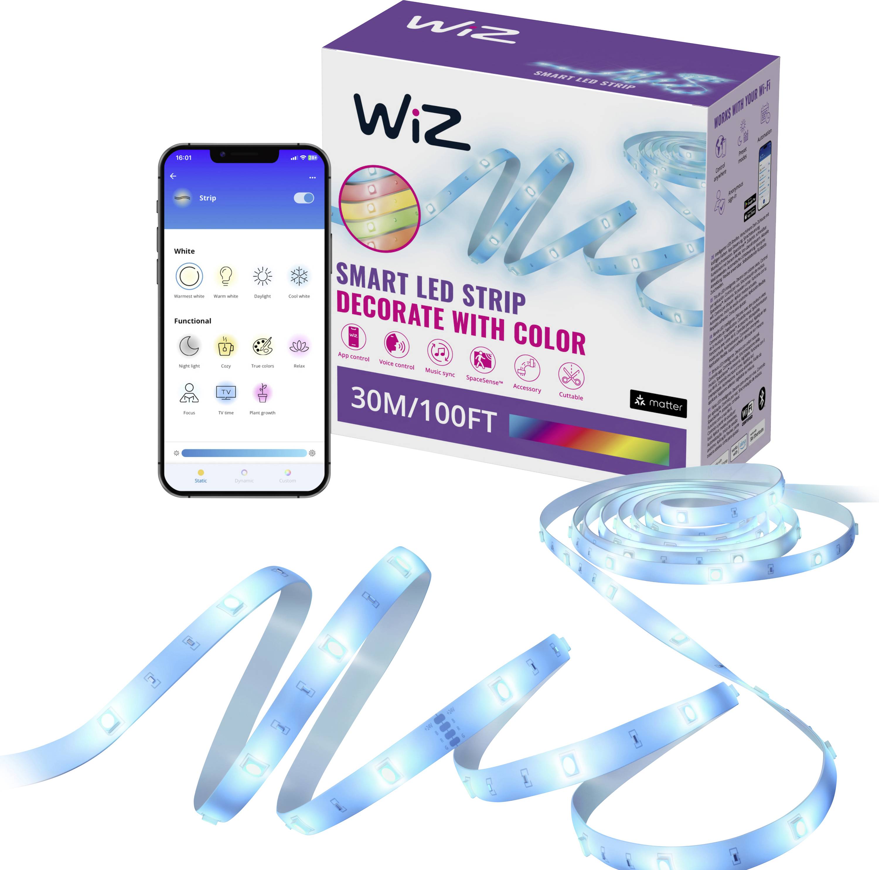 Box with 'WiZ Smart LED Strip 30M/100FT'. Blue LED strip lights shown with a smartphone displaying light control app.