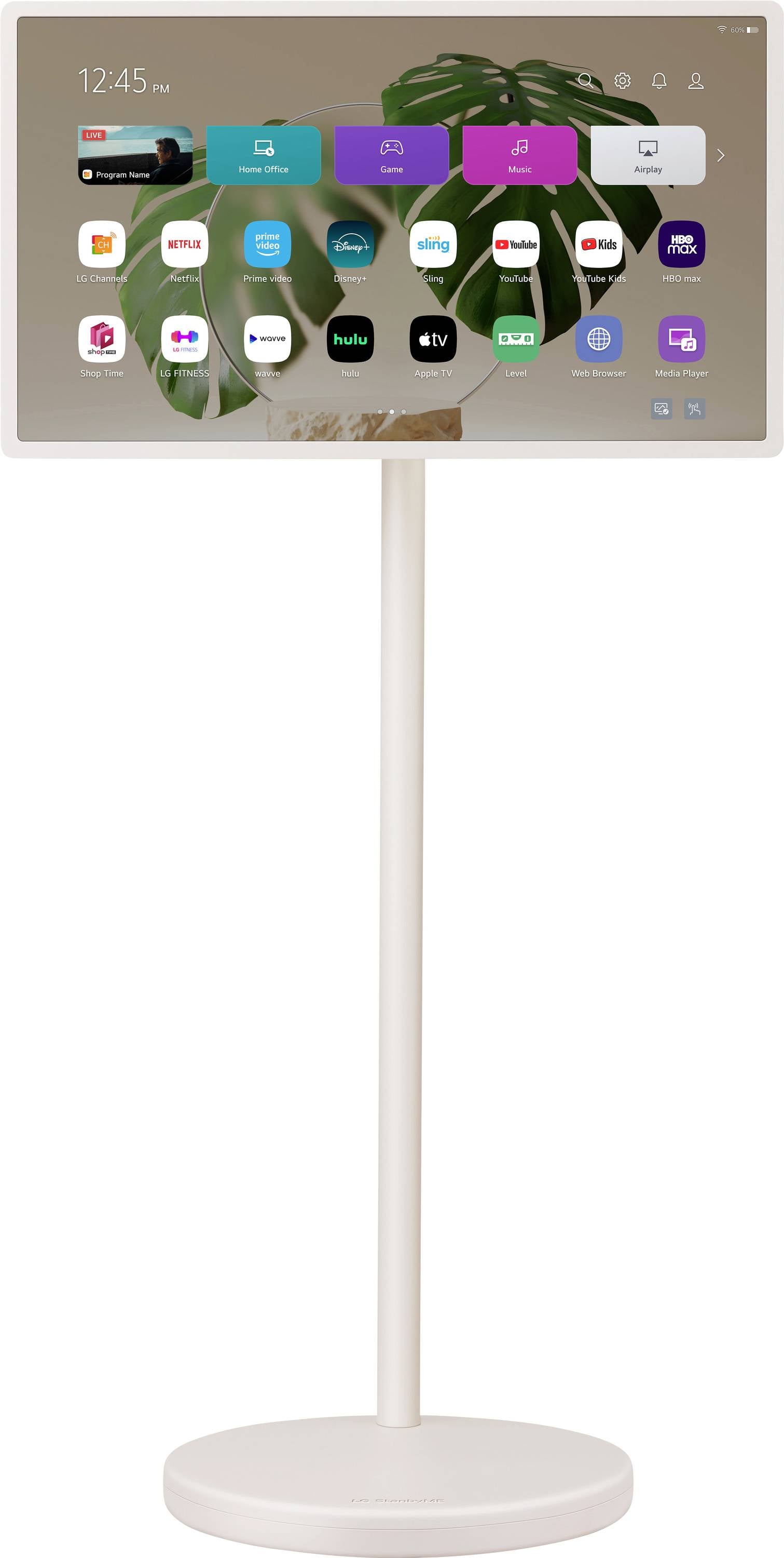 A stand-mounted smart display showing various app icons against a background with a leaf design. The time reads '12:45 PM'.