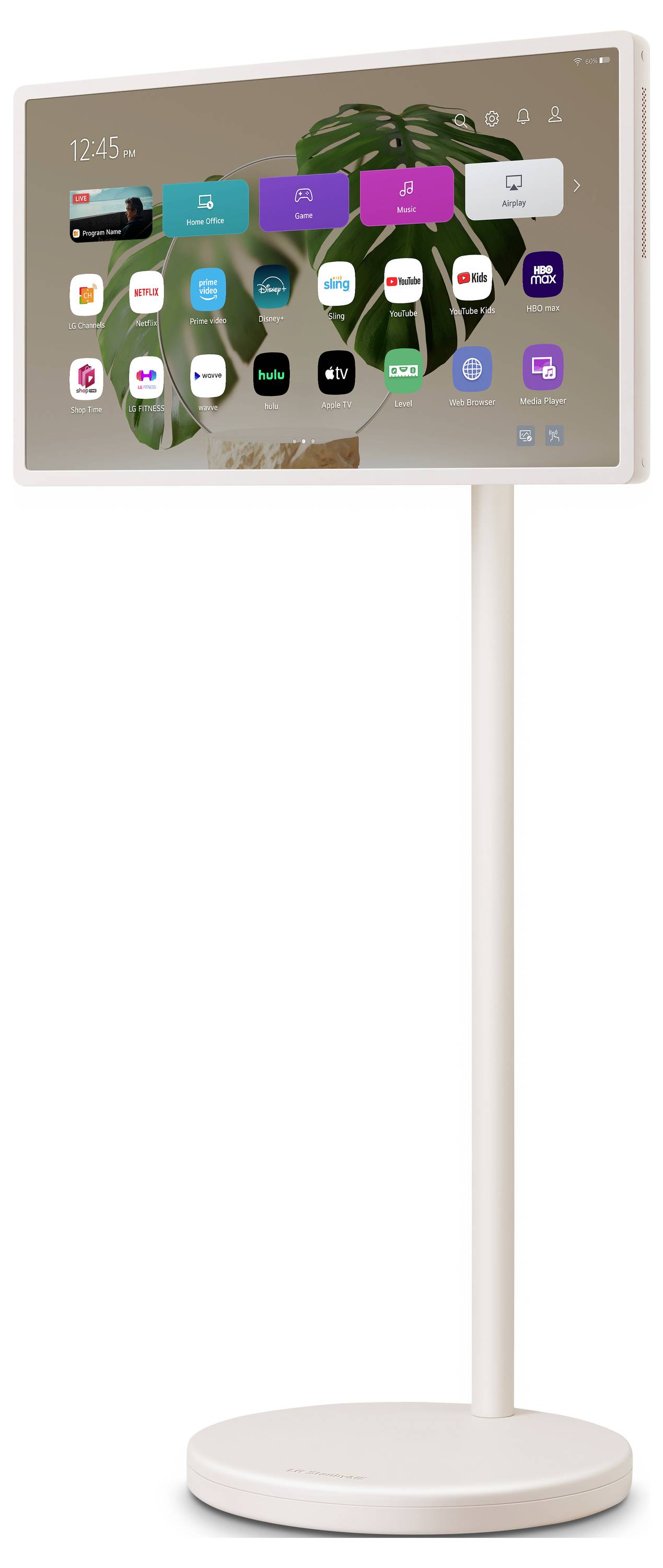 A digital display stand showing a tablet screen with multiple app icons, supported by a slim, white stand and circular base.