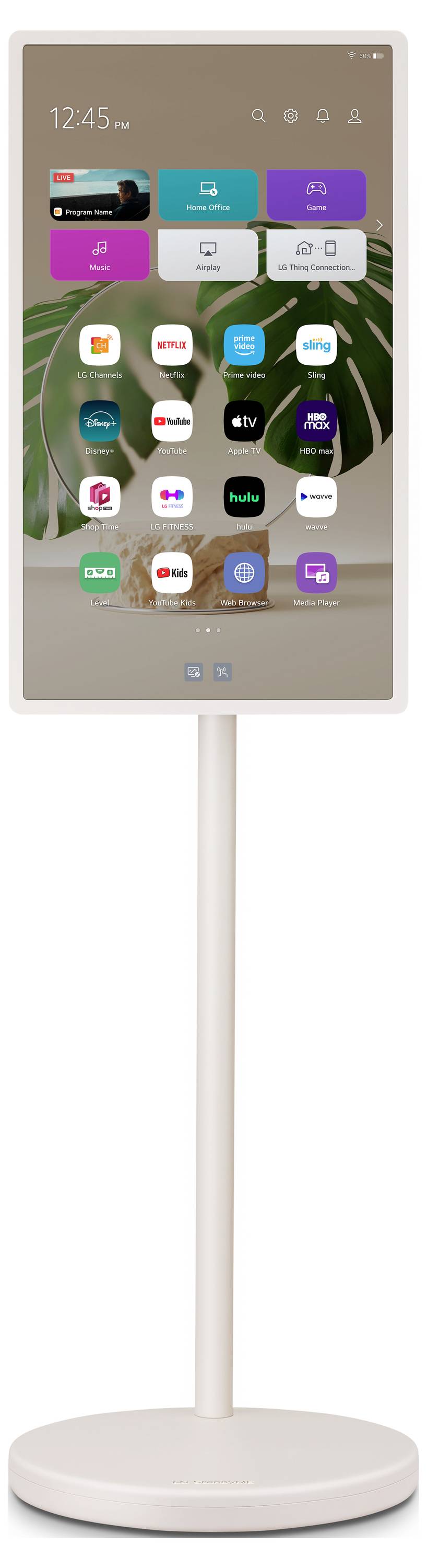 A tall, white, rectangular stand with a digital screen displaying various app icons and the time '12:45 PM' below an image of leaves.
