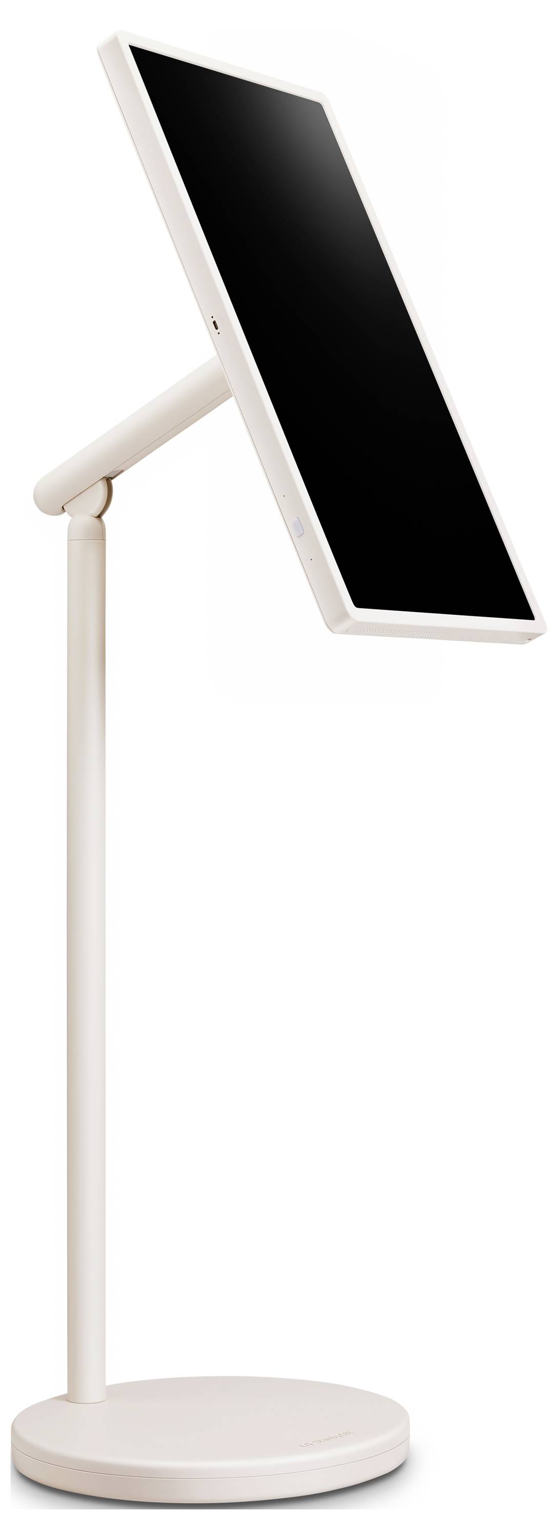 A sleek, modern tablet on an adjustable white stand, set against a plain white background.