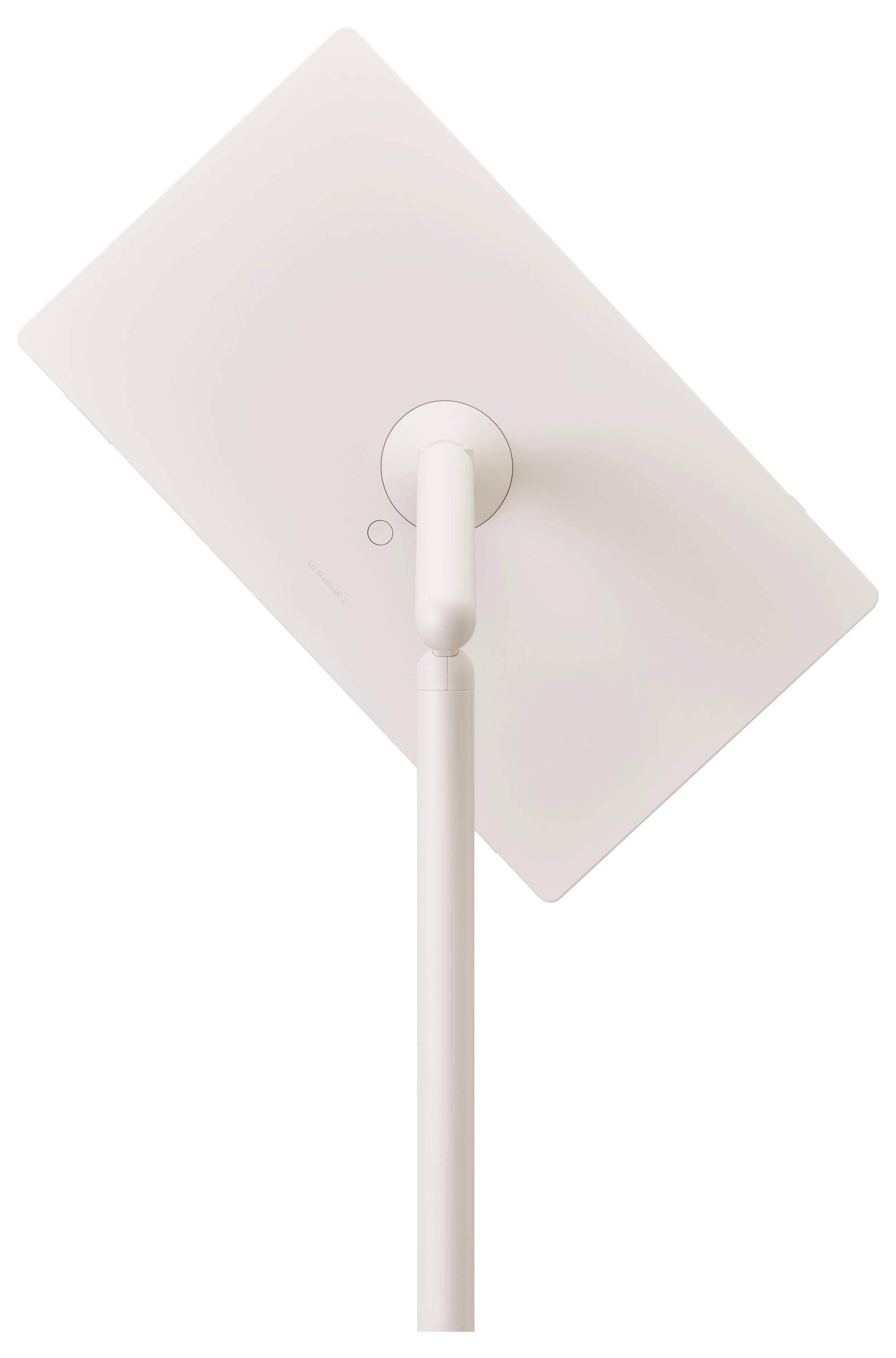 A white, rectangular electronic device on a stand viewed from the back, showcasing its sleek design and minimalist appearance.
