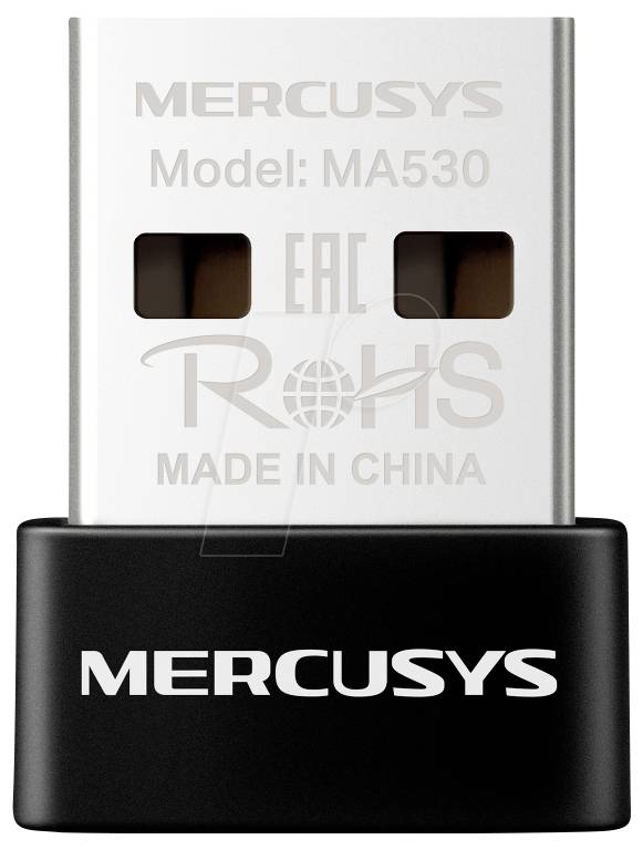 'MERCUSYS' USB adapter MA530, labeled 'Made in China', featuring EAC and RoHS compliance.