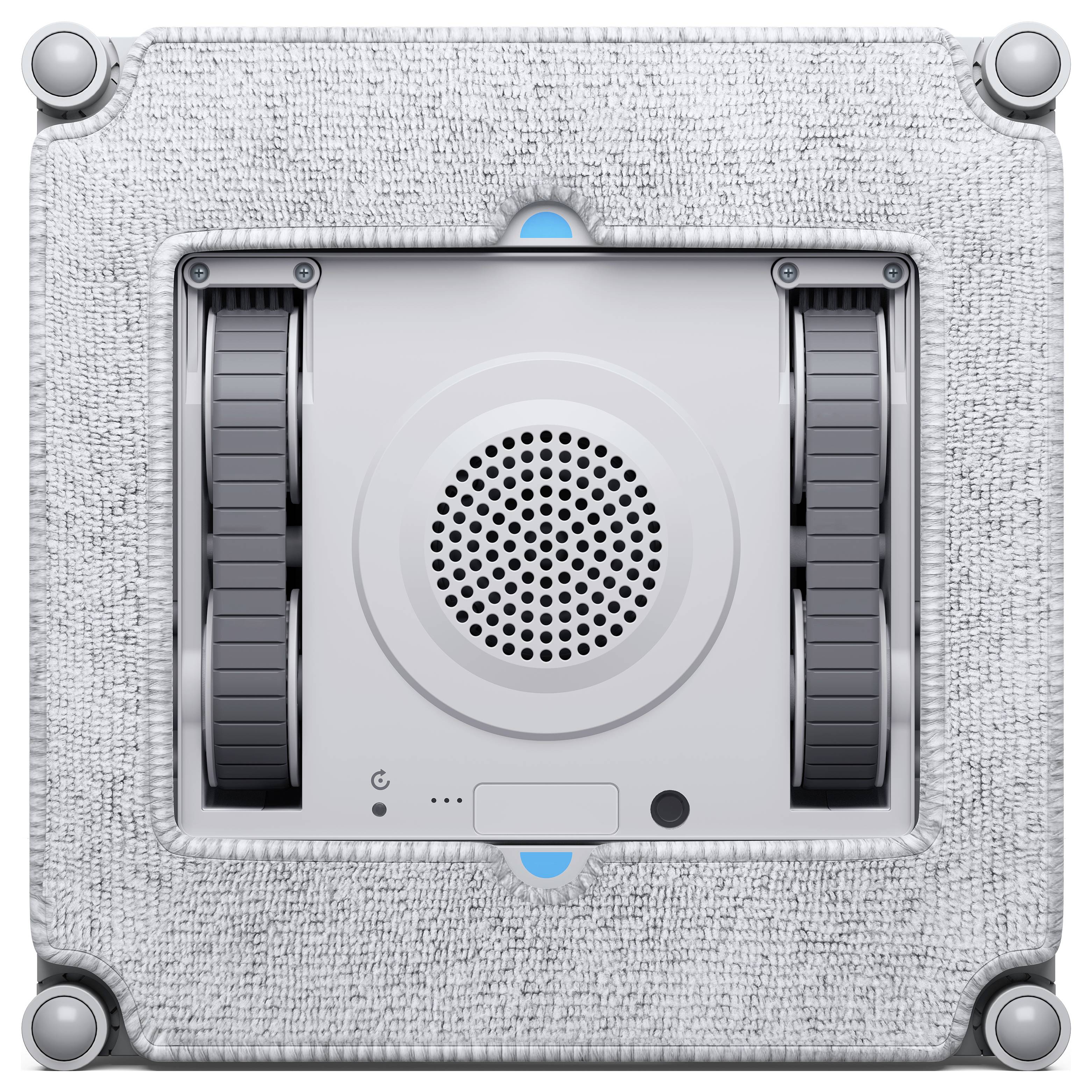 The image depicts the bottom of a computer, featuring four locking wheels and a vented circular section at the center for airflow.