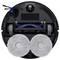 The image shows the underside of a robotic vacuum with dual circular mop pads and two tank tracks, highlighting its cleaning components.
