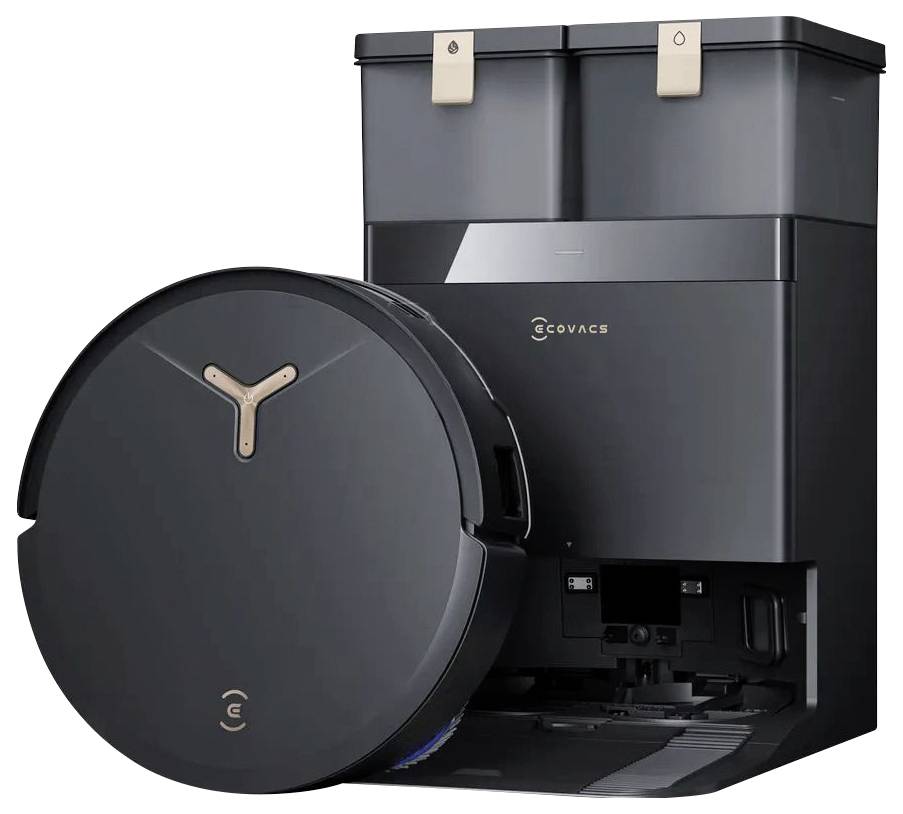 A black robotic vacuum cleaner and its docking station, designed for automated cleaning, are shown against a plain background.