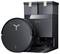 A black robotic vacuum cleaner and its docking station, designed for automated cleaning, are shown against a plain background.