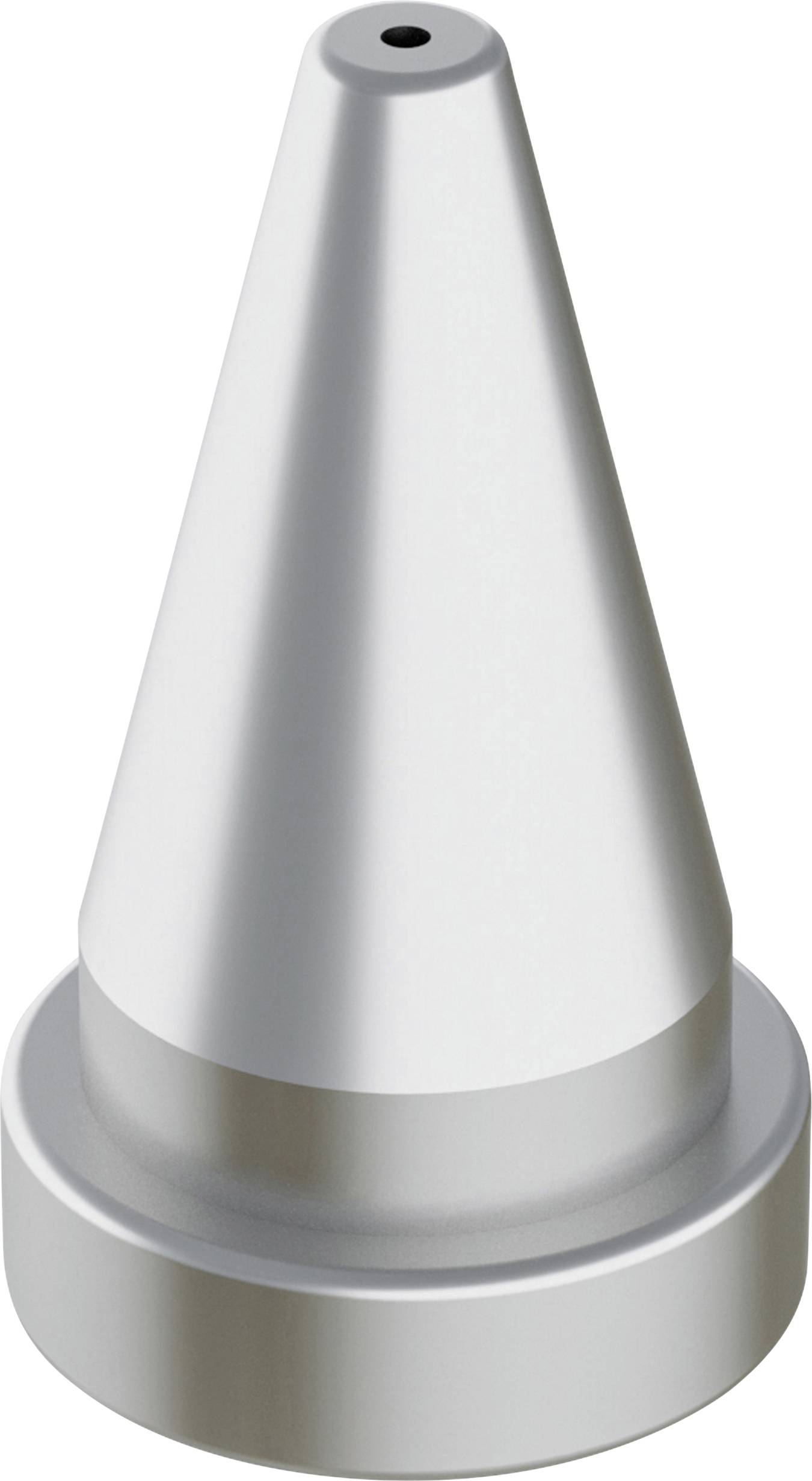 Silver cone-shaped metallic object with a circular base, tapering to a small hole at the top, likely used as a nozzle or cap.