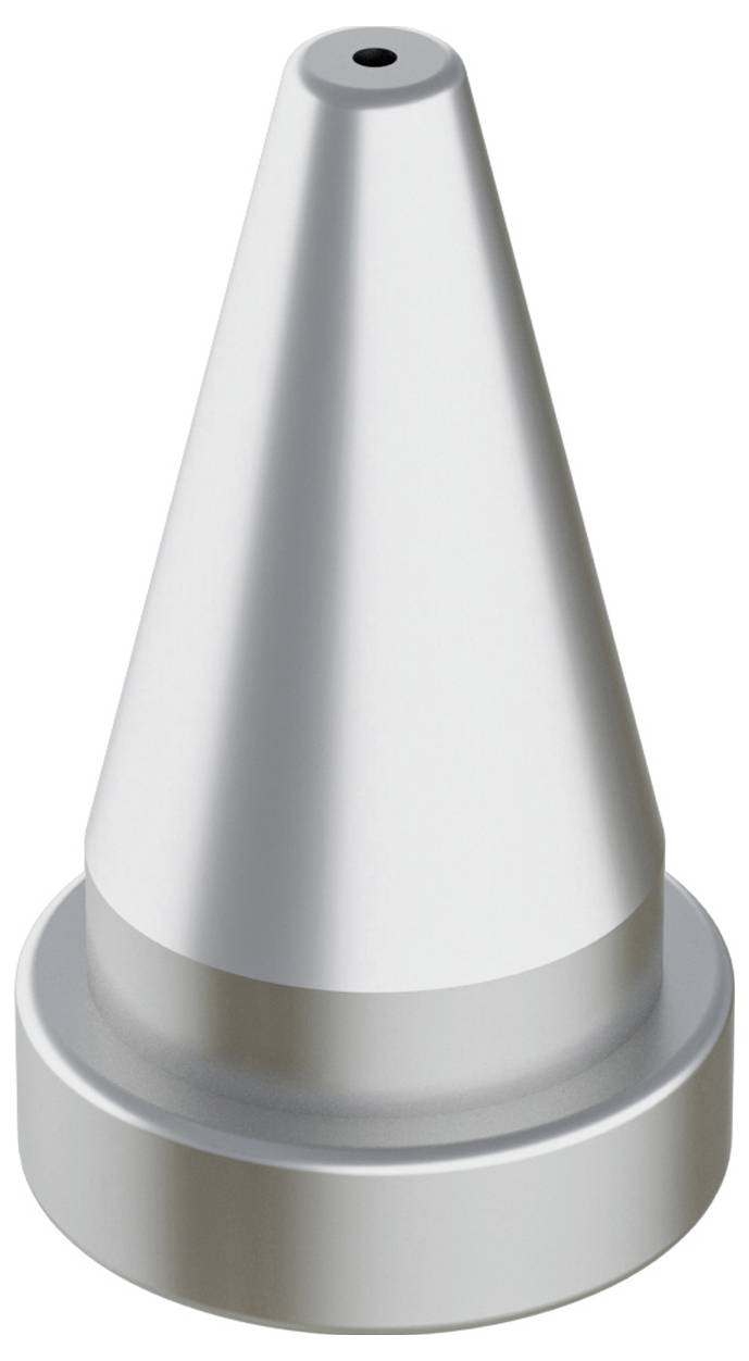 A metallic cone-shaped tip used for 3D printing applications, positioned upright against a plain background.