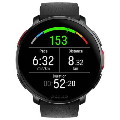 Smartwatch displaying a heart rate of 153 bpm, pace of 6:32 min/km, distance of 8.32 km, and duration of 52:20 minutes.