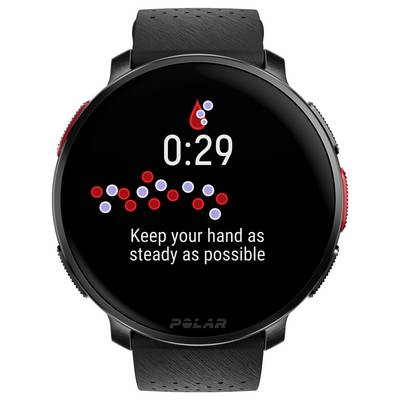 Smartwatch screen displaying a timer at '0:29' with text 'Keep your hand as steady as possible' over a graphic of red and white dots.