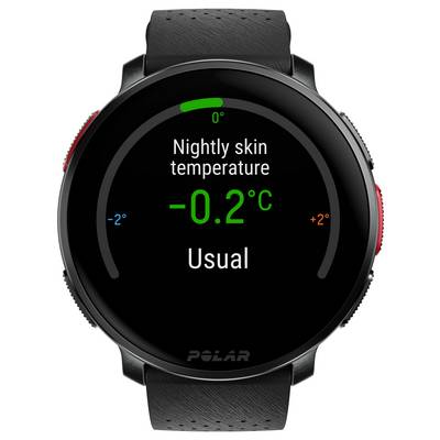 A smartwatch display shows 'Nightly skin temperature -0.2°C Usual' with a black band and buttons on the sides against a black background.
